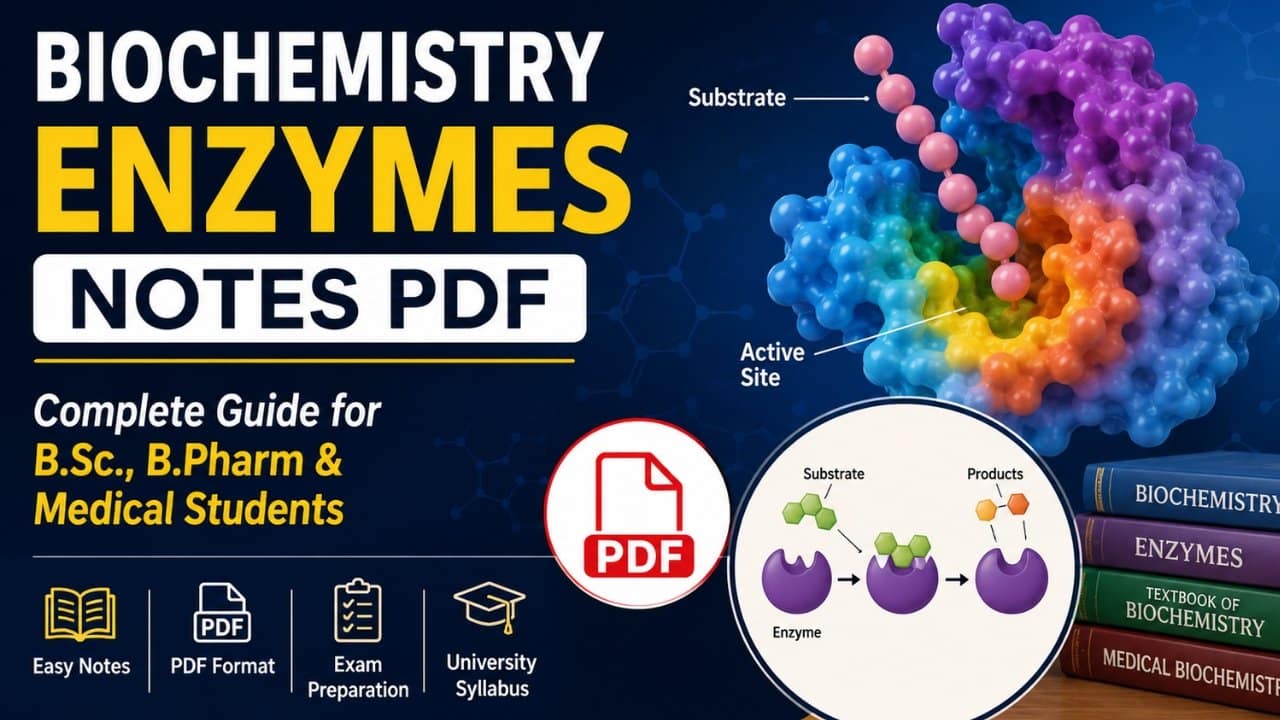 Biochemistry Enzymes Notes PDF showing enzyme classification, mechanism of action, enzyme inhibition, and functions for B.Sc., B.Pharm, Nursing, and Medical students