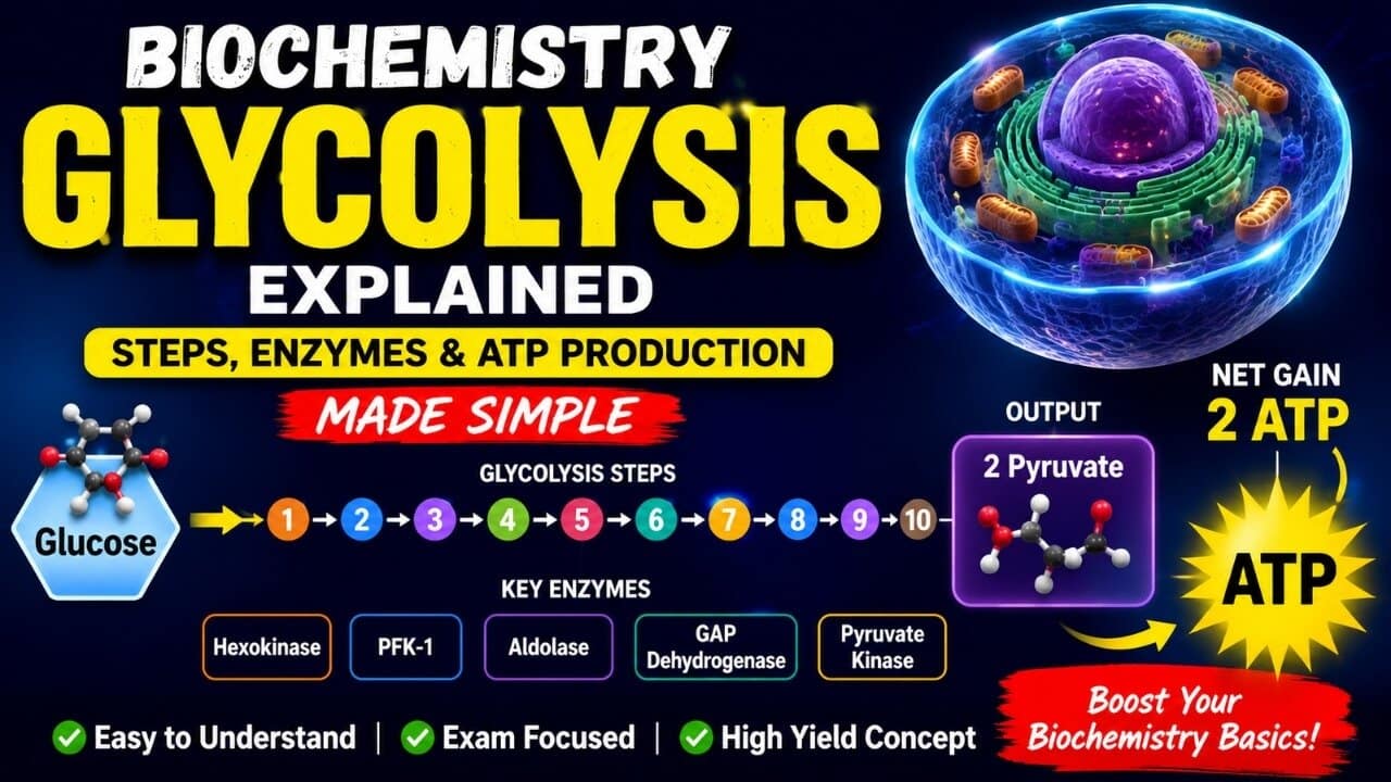 Biochemistry glycolysis pathway showing the 10 steps, key enzymes, glucose breakdown into pyruvate, and ATP production in simple flowchart format.