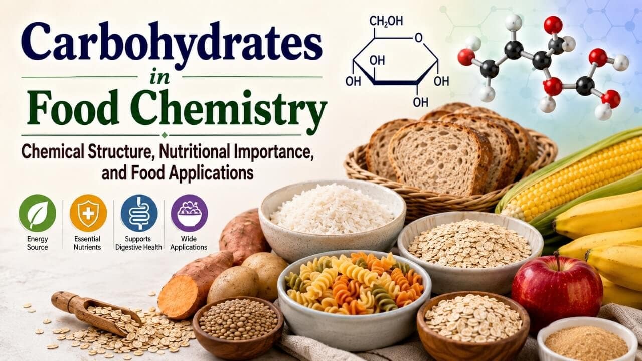 Illustration showing carbohydrates in food chemistry, including their chemical structure, classification, nutritional importance, food sources, and food applications.