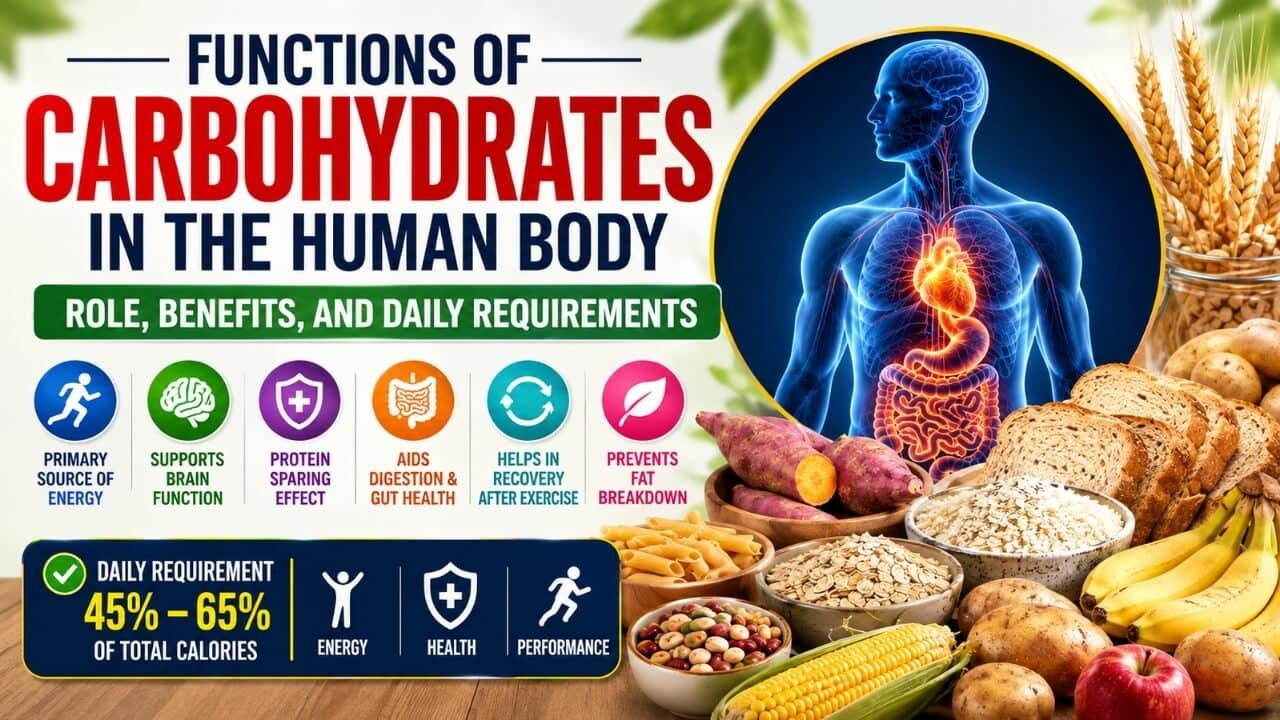 Functions of Carbohydrates in the Human Body infographic showing energy production, brain function, muscle support, digestion, healthy carbohydrate food sources, and daily carbohydrate requirements.