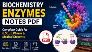 Biochemistry Enzymes Notes PDF showing enzyme classification, mechanism of action, enzyme inhibition, and functions for B.Sc., B.Pharm, Nursing, and Medical students