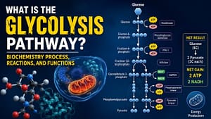 Diagram of the glycolysis pathway showing glucose breakdown into pyruvate with enzymes, ATP production, NADH formation, and key biochemical reactions.