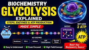 Biochemistry glycolysis pathway showing the 10 steps, key enzymes, glucose breakdown into pyruvate, and ATP production in simple flowchart format.
