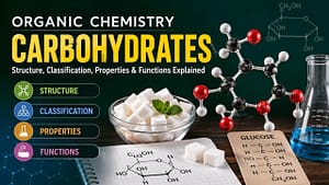 Organic Chemistry Carbohydrates showing structure, classification, properties, functions, monosaccharides, disaccharides, polysaccharides, and examples in a simple diagram.