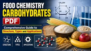 Food Chemistry Carbohydrates PDF illustrating carbohydrate structure, classification, types, chemical properties, functions, food sources, laboratory tests, and applications in food science and food technology.
