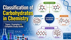 Classification of Carbohydrates in Chemistry showing Monosaccharides, Disaccharides, Oligosaccharides, and Polysaccharides with examples and structure diagram